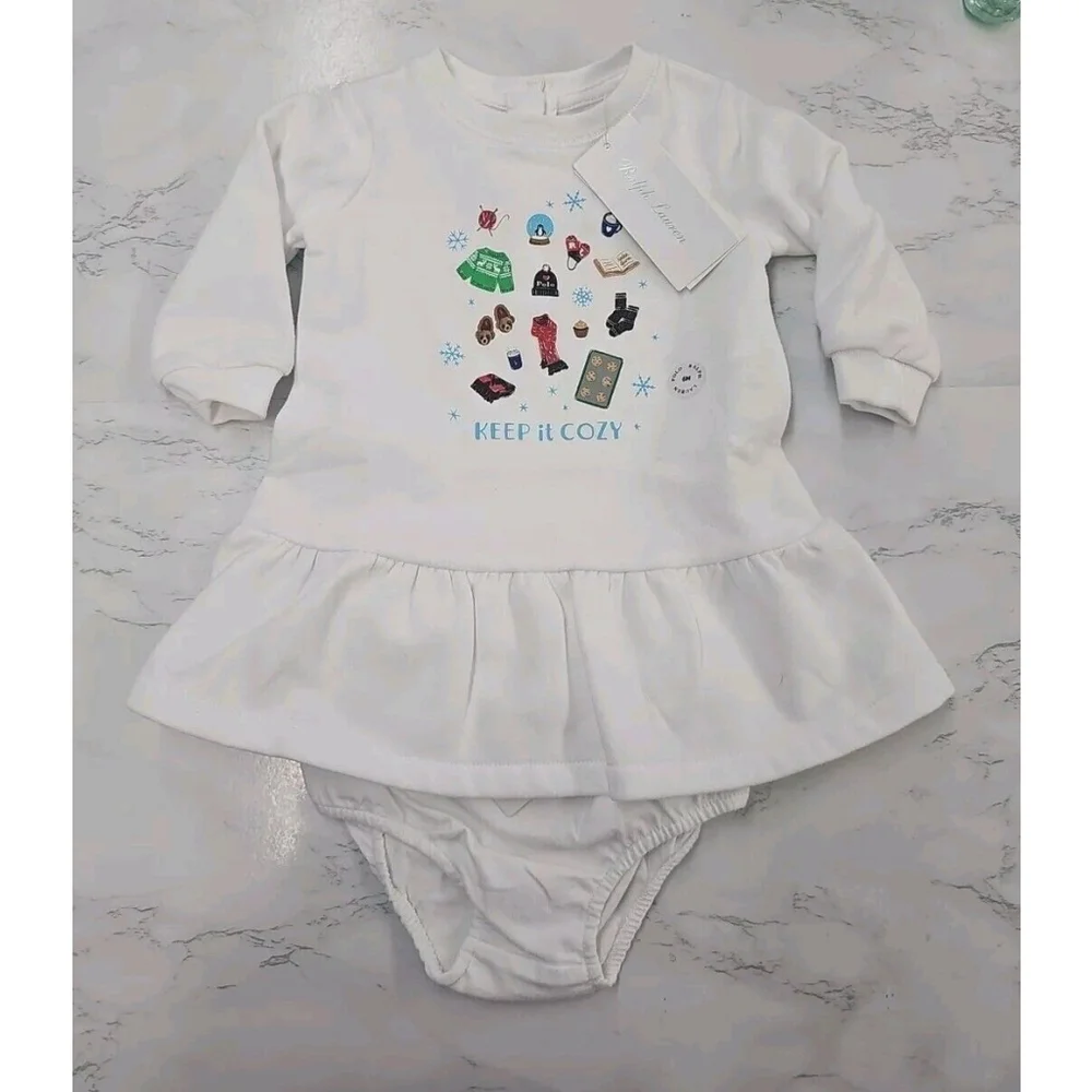 Ralph Lauren Baby Girls Winter Icon Fleece Dress & Bloomer White Size 6M NEW $60